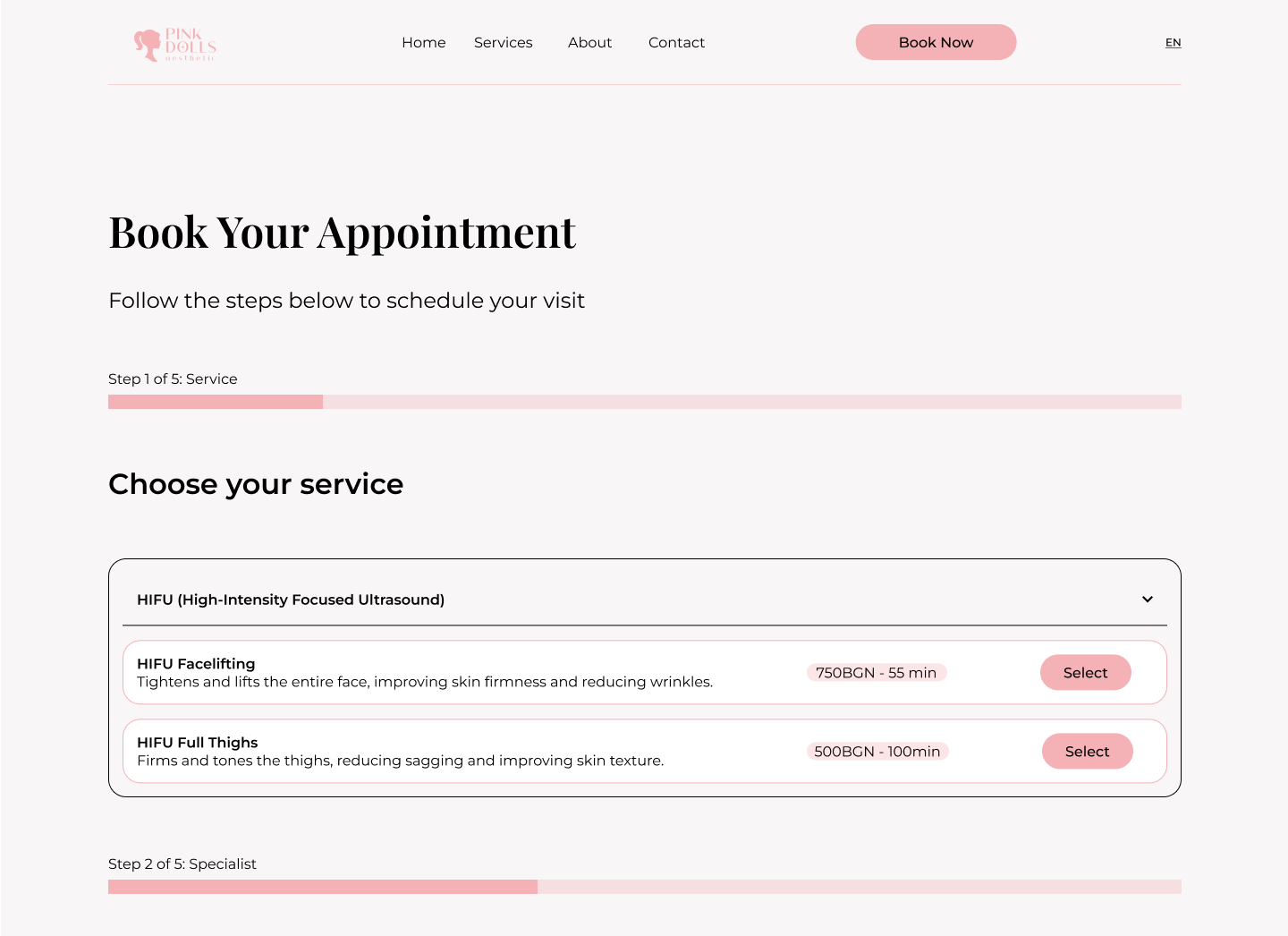 Booking flow screen 1
