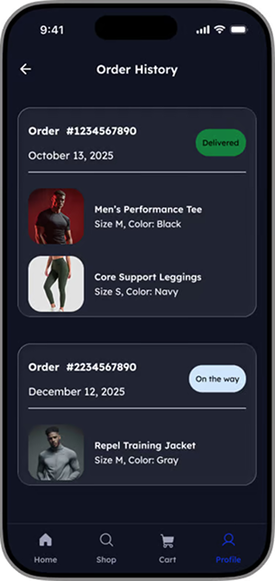 Order history screen mockup