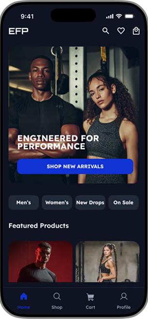 Product discovery screens: home, categories, new arrivals, on sale